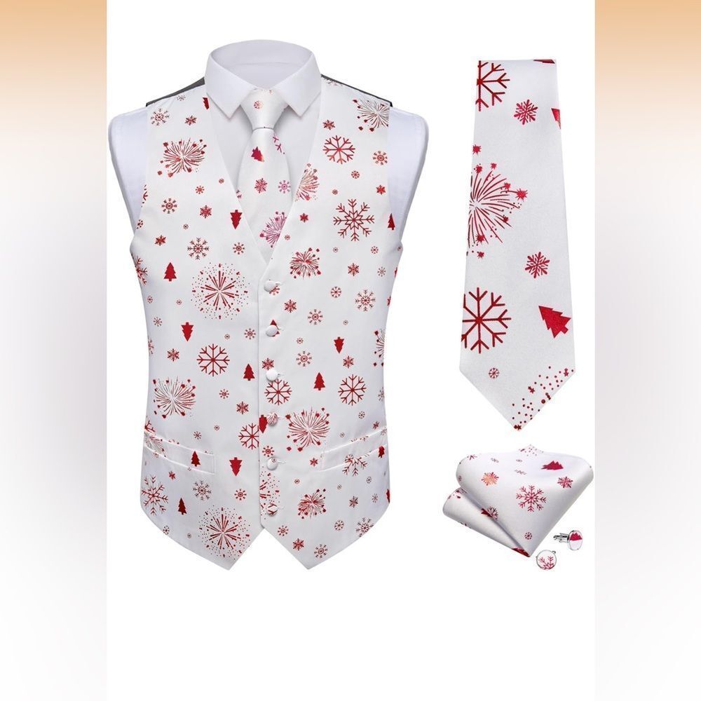 Mens XXL 4 PC‎ Vest&Tie Snowflake Waistcoat Necktie Pocket Square Cufflinks
